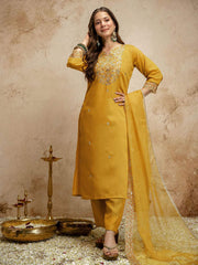Mustard Designer Chanderi Cottan Partywear Kurta Set
