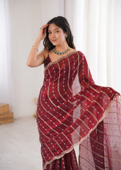Maroon Fendi Satin Sequence Embroidery Saree