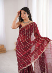 Maroon Fendi Satin Sequence Embroidery Saree