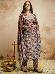 Brown Digital Print Chanderi Cottan Partywear Kurta Set
