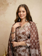Brown Digital Print Chanderi Cottan Partywear Kurta Set