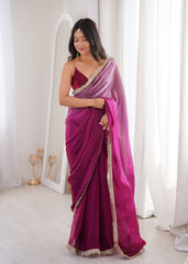 Magenta Fendi Satin Lace Work Saree