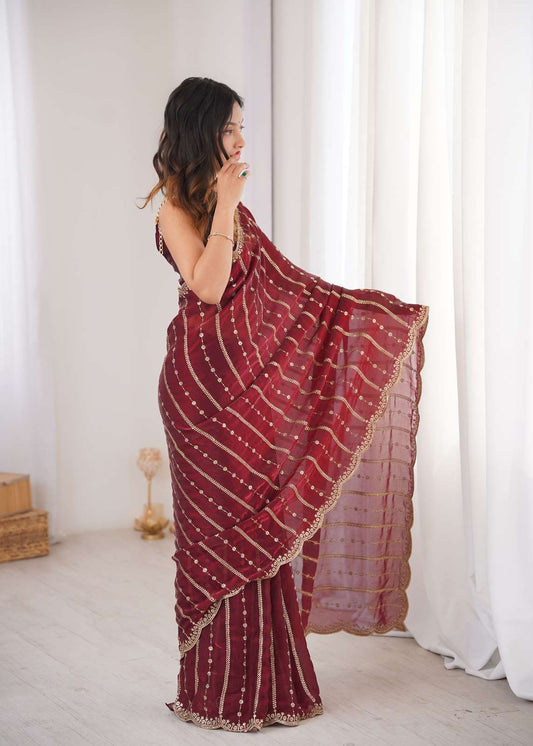 Maroon Fendi Satin Sequence Embroidery Saree
