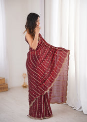Maroon Fendi Satin Sequence Embroidery Saree