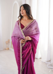 Magenta Fendi Satin Lace Work Saree