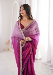 Magenta Fendi Satin Lace Work Saree
