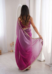 Magenta Fendi Satin Lace Work Saree