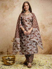 Brown Digital Print Chanderi Cottan Partywear Kurta Set