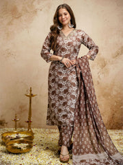 Brown Digital Print Chanderi Cottan Partywear Kurta Set
