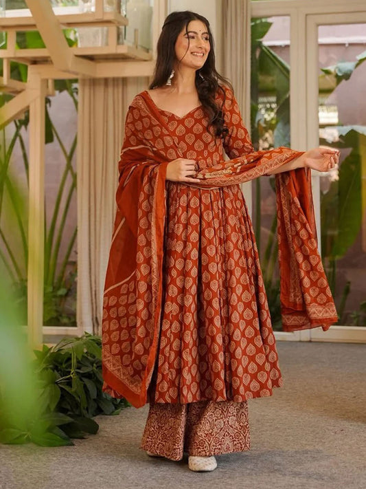 Rust Digital Print Cottan Anaraki Style Suit