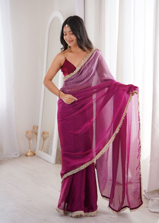 Magenta Fendi Satin Lace Work Saree