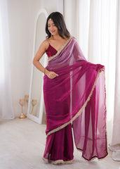 Magenta Fendi Satin Lace Work Saree