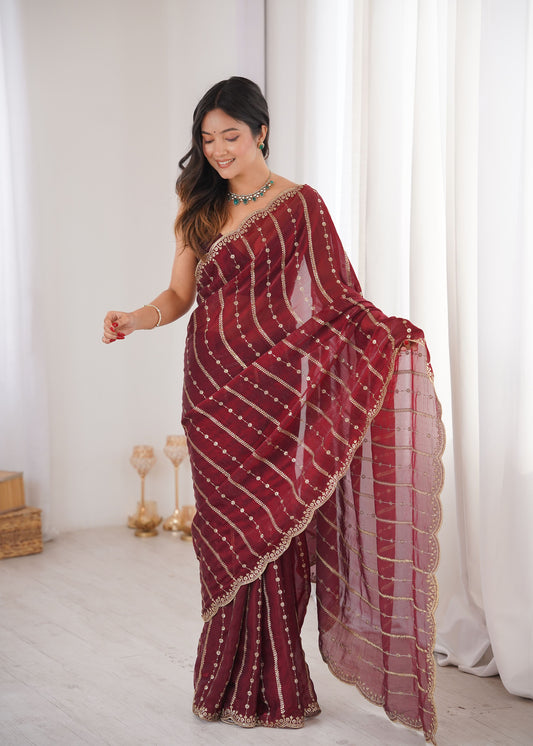 Maroon Fendi Satin Sequence Embroidery Saree