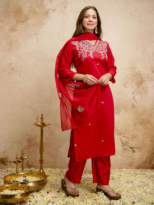 Red Embroiderd Chanderi Cottan Partywear Kurta Set