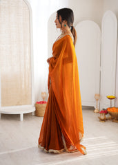 Mustard Shaded Satin Lace Work Saree