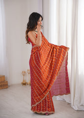 Rust Fendi Satin Sequence Embroidery Saree