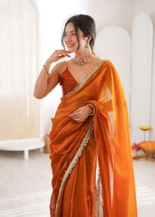 Mustard Shaded Satin Lace Work Saree
