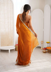 Mustard Shaded Satin Lace Work Saree