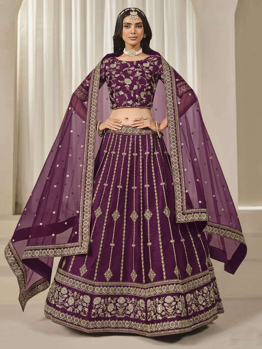 Purple Embroidered Art Silk Wedding Lehenga Choli