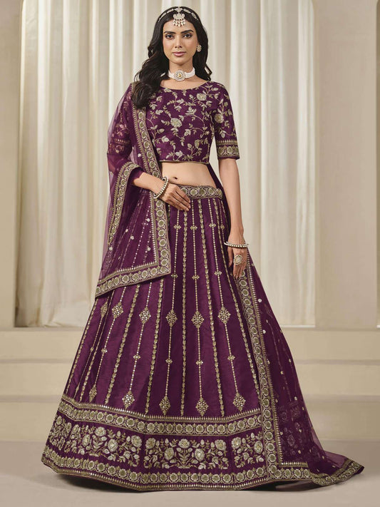 Purple Embroidered Art Silk Wedding Lehenga Choli