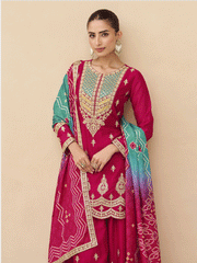 Pink Premium Tora Silk Embroidered Palazzo Suit