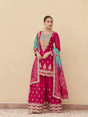 Pink Premium Tora Silk Embroidered Palazzo Suit