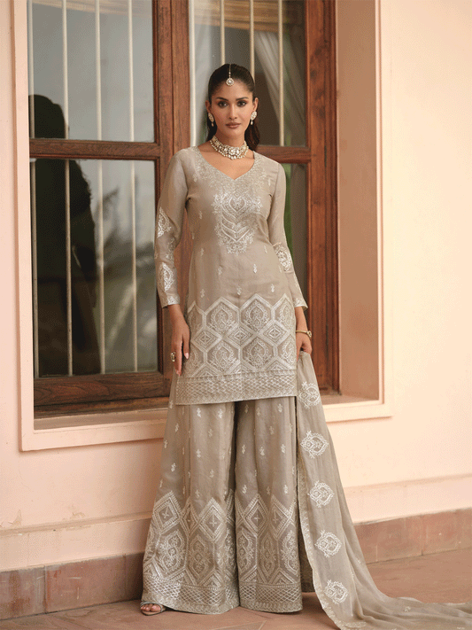 Beige Premium Tora Silk Embroidered Palazzo Suit
