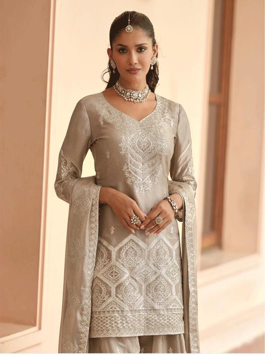 Beige Premium Tora Silk Embroidered Palazzo Suit