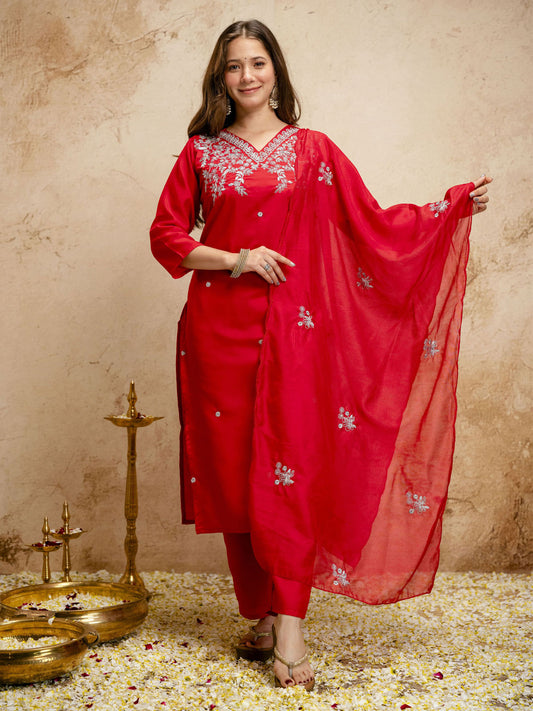 Red Embroiderd Chanderi Cottan Partywear Kurta Set