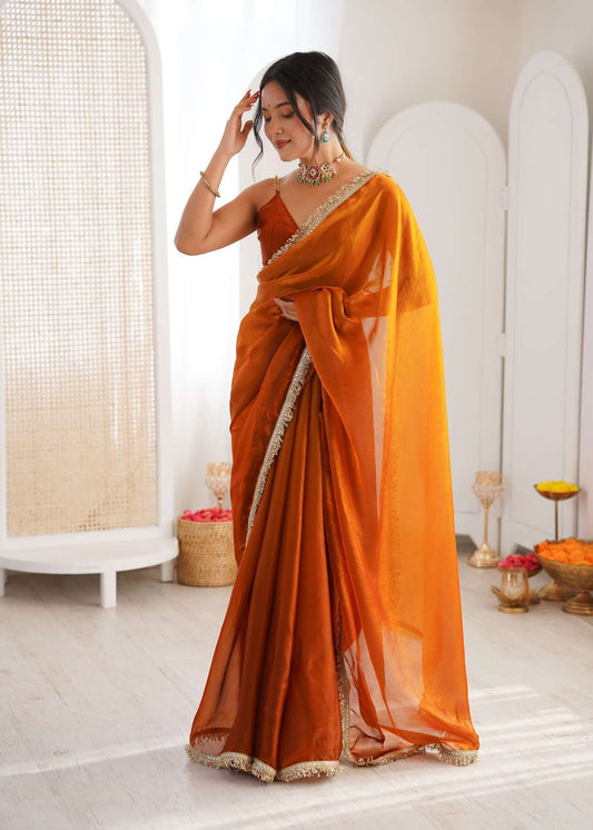 Mustard Shaded Satin Lace Work Saree
