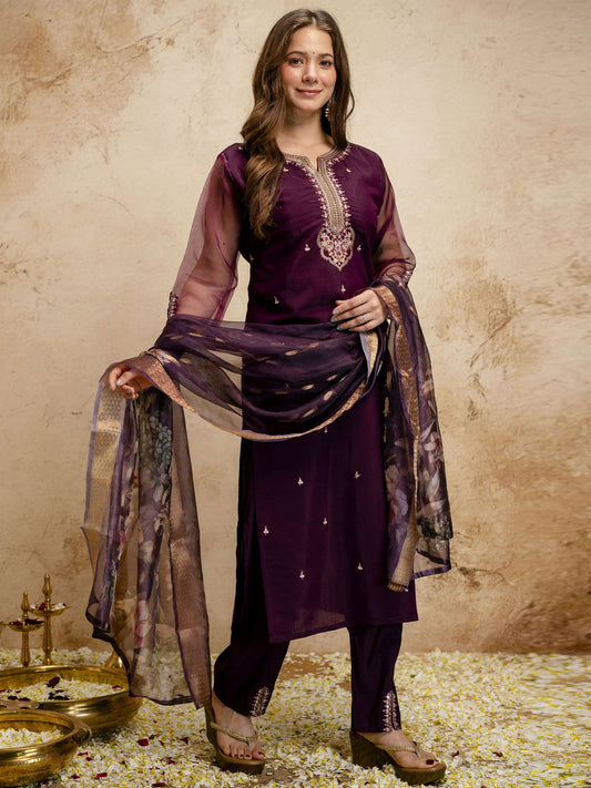 Purple Designer Chanderi Cottan Partywear Kurta Set