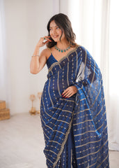Royal Blue Fendi Satin Sequence Embroidery Saree