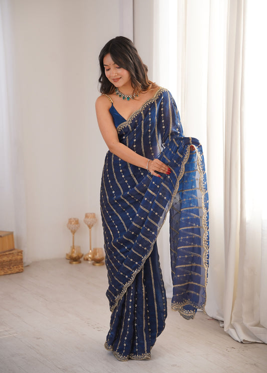 Royal Blue Fendi Satin Sequence Embroidery Saree