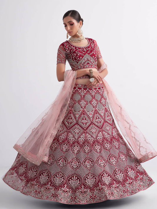 Maroon Shades Heavy Embroidered Net Designer Lehenga Choili