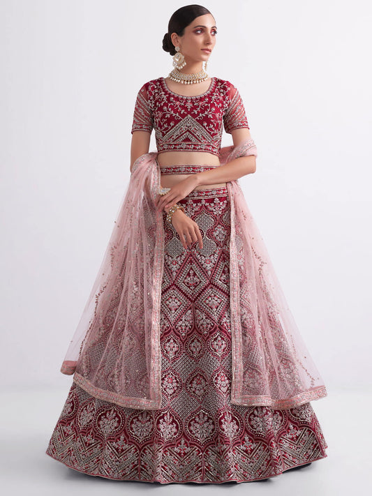 Maroon Shades Heavy Embroidered Net Designer Lehenga Choili