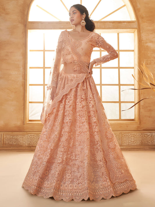Peach Color Heavy Embroidered Net Lehenga Choli With Dupatta