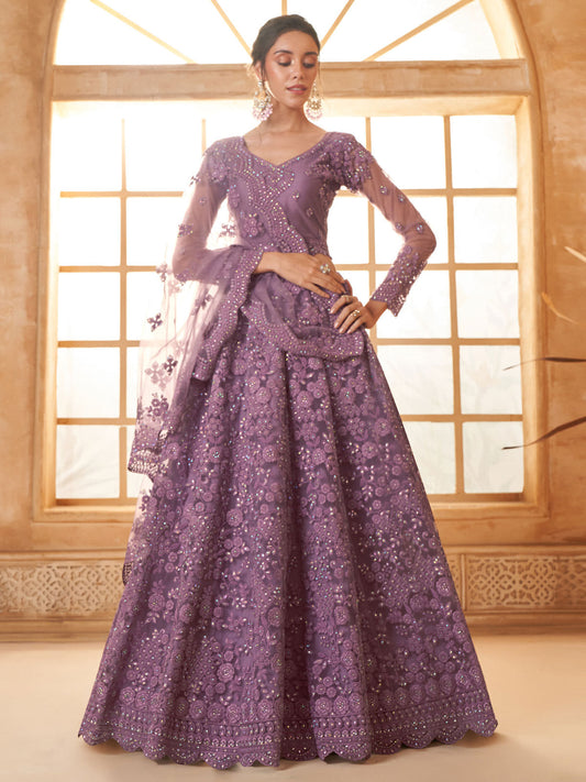 Purple Color Heavy Embroidered Net Lehenga Choli With Dupatta