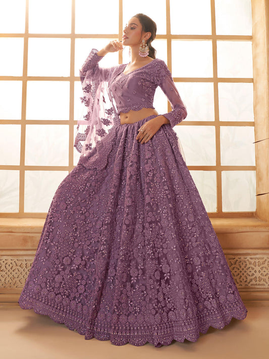 Purple Color Heavy Embroidered Net Lehenga Choli With Dupatta