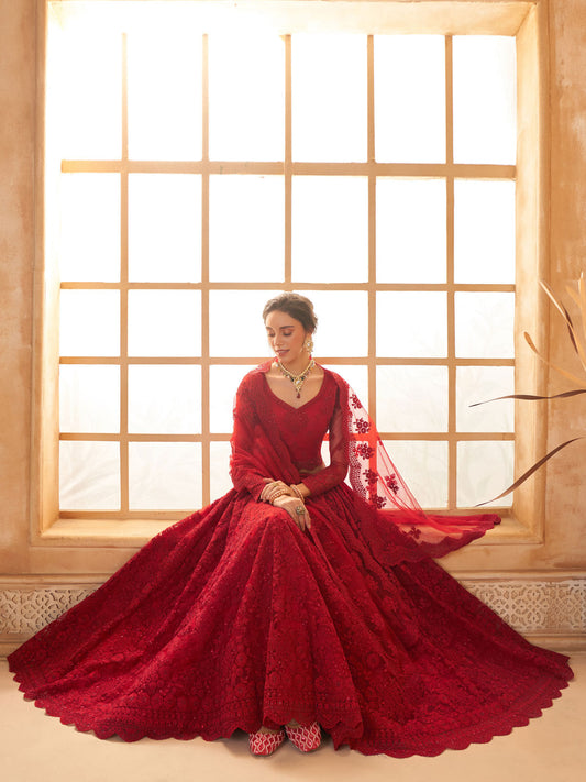 Red Color Heavy Embroidered Net Lehenga Choli With Dupatta