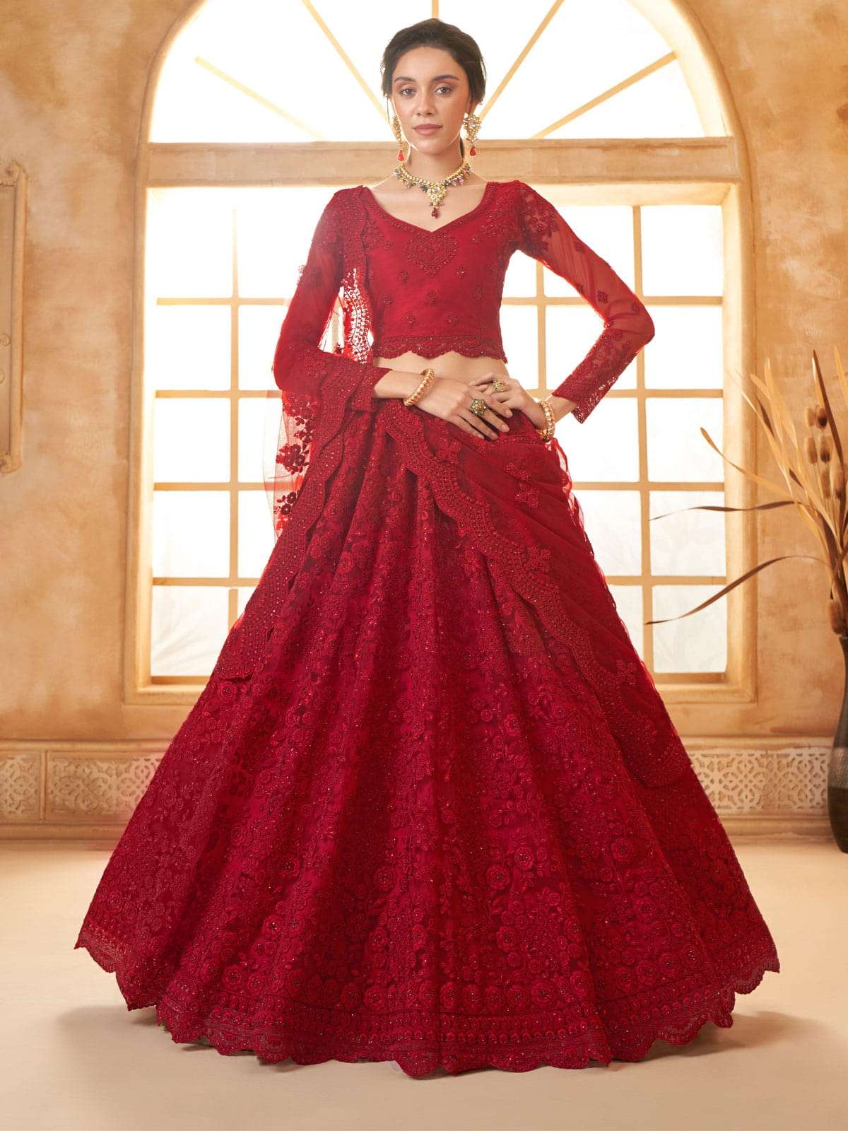 Red Color Heavy Embroidered Net Lehenga Choli With Dupatta