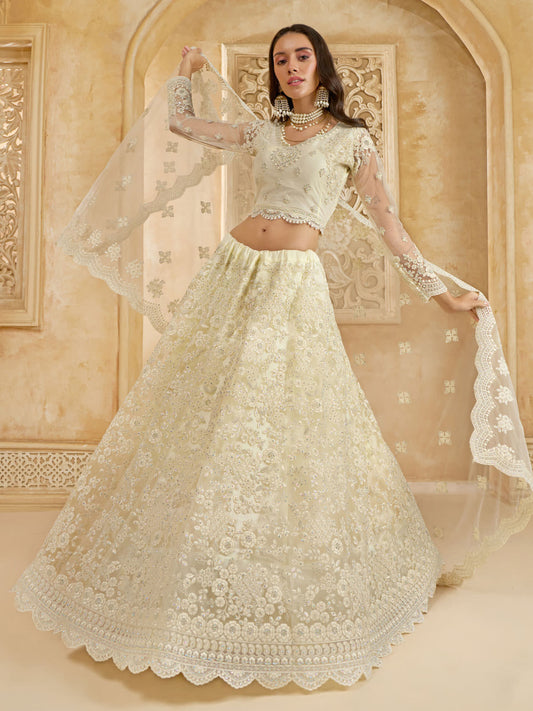 Preety Ivory Color Heavy Embroidered Net Lehenga Choli With Dupatta