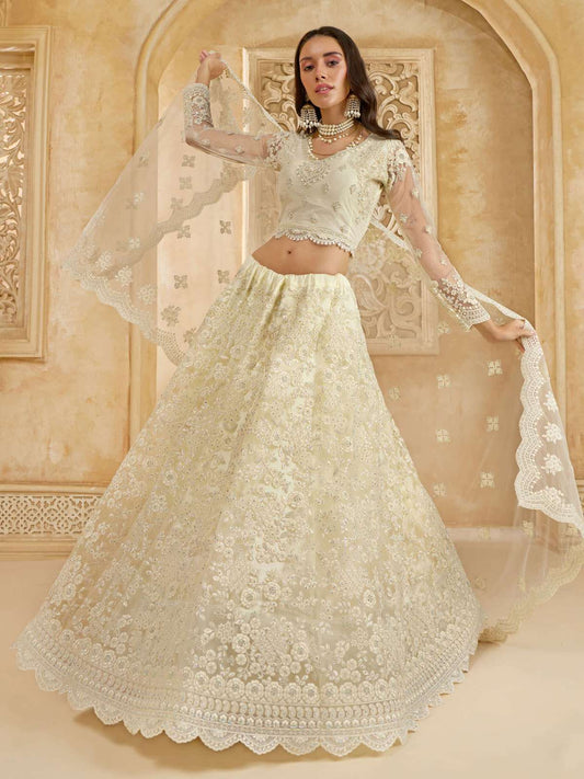 Preety Ivory Color Heavy Embroidered Net Lehenga Choli With Dupatta
