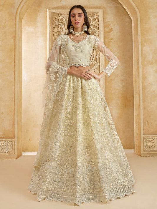 Preety Ivory Color Heavy Embroidered Net Lehenga Choli With Dupatta