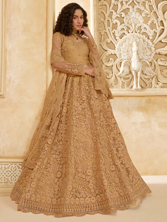 Preety Golden Color Heavy Embroidered Net Lehenga Choli With Dupatta