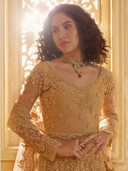 Preety Golden Color Heavy Embroidered Net Lehenga Choli With Dupatta