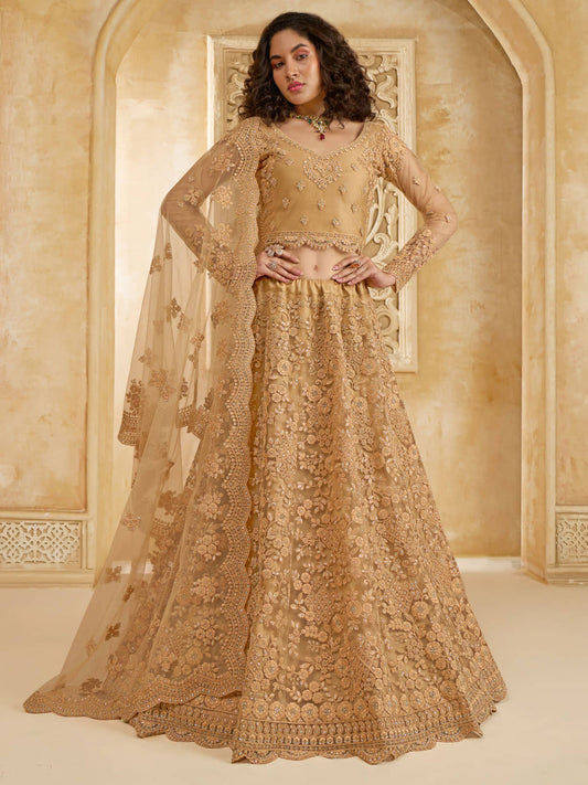 Preety Golden Color Heavy Embroidered Net Lehenga Choli With Dupatta