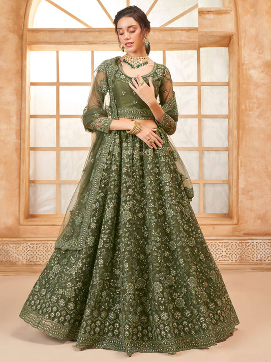 Olive Green Color Heavy Embroidered Net Lehenga Choli With Dupatta