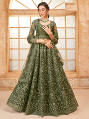 Olive Green Color Heavy Embroidered Net Lehenga Choli With Dupatta