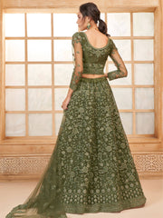 Olive Green Color Heavy Embroidered Net Lehenga Choli With Dupatta