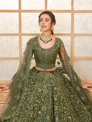 Olive Green Color Heavy Embroidered Net Lehenga Choli With Dupatta